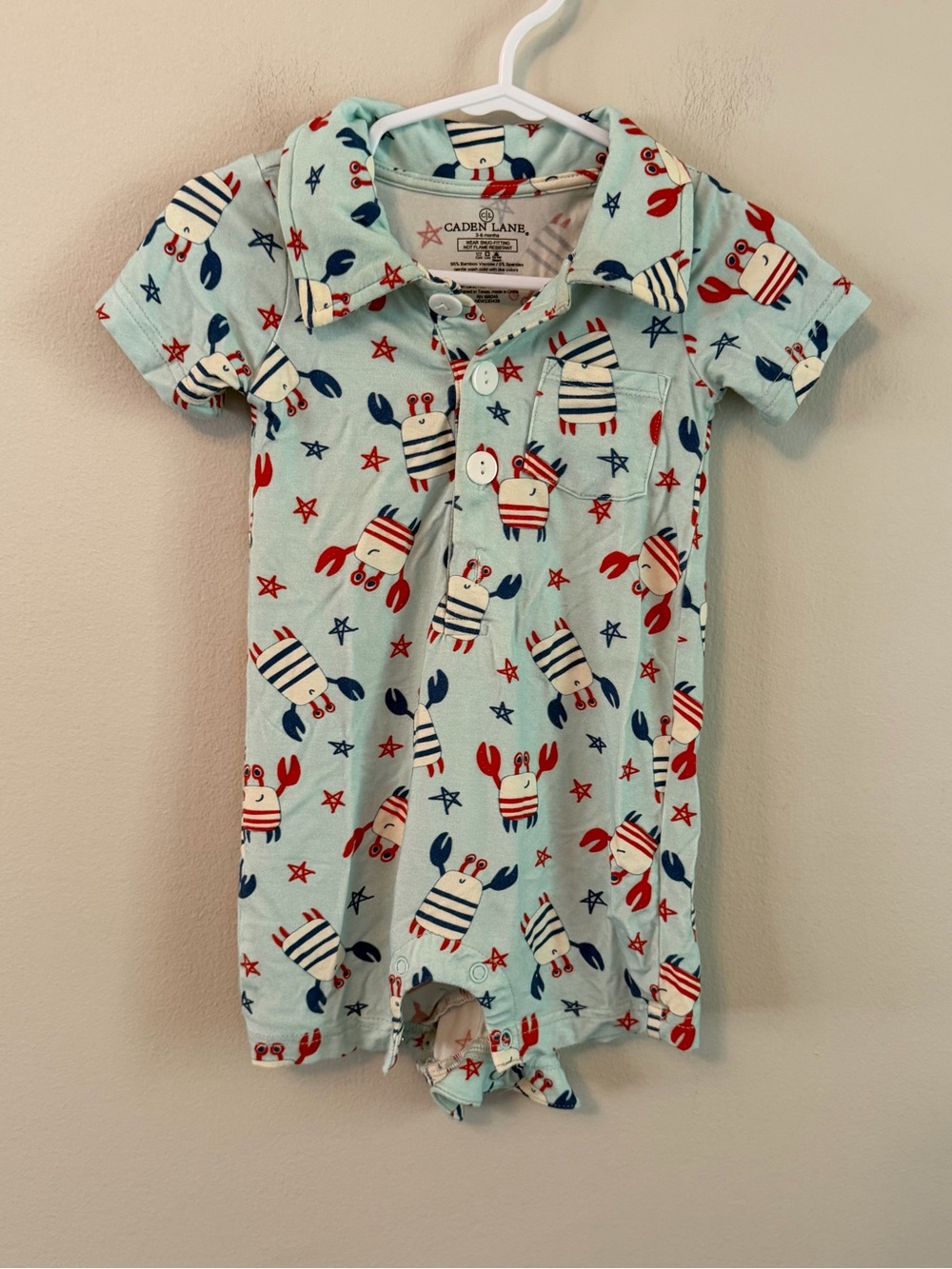 Caden Lane Light Blue Baby Romper with Red and Navy Crab Print